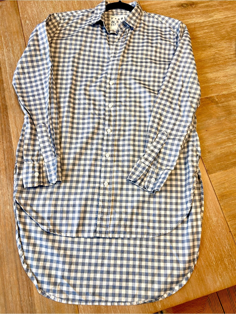 Frank & Eileen Grayson Blue and White Gingham Check High Low Button-Down Shirt